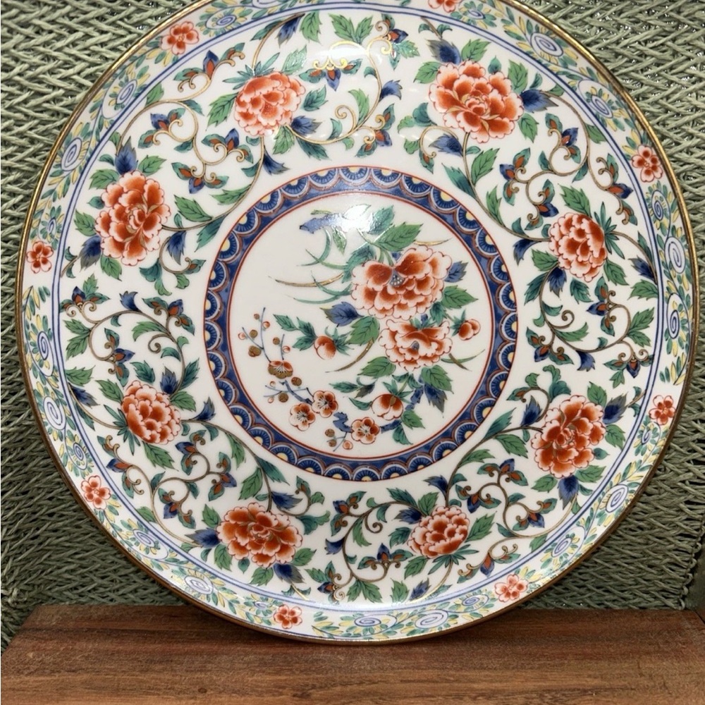 Vintage Japanese Kutani Style Charger Plate Hand Painted Floral Gold Trim Large